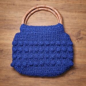 Handmade Navy Blue Crochet Bamboo Handle Purse Boho Vintage Style Handbag